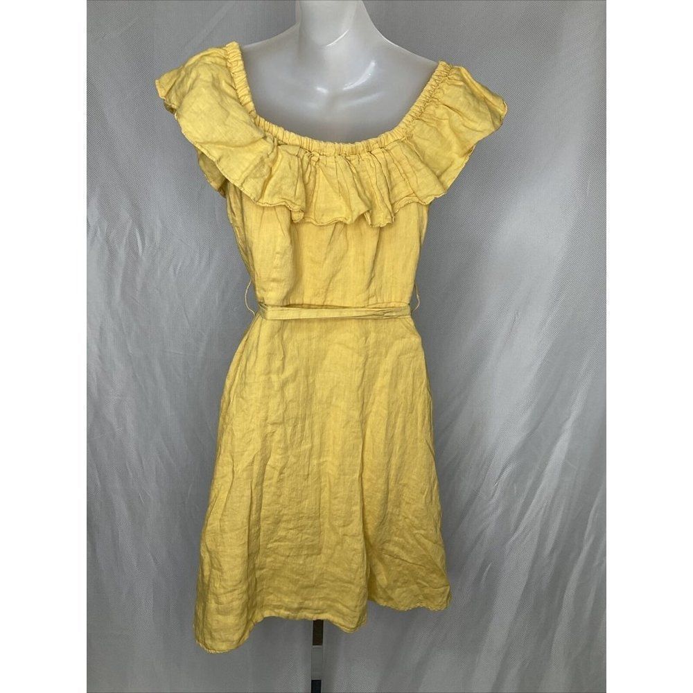 Zara Large Boho Off Shoulder Knee Length Yellow Linen Dress Date Night Romantic - Picture 5 of 8